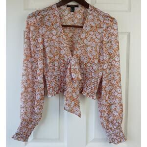 Forever 21 Sheer Floral Crop Top S orange purple festival smocked long sleeves